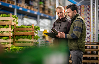 Stock photo of two people overseeing a food, ingredients, and nutrition industrial production company