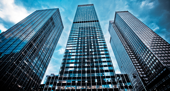 Three tall buildings, view looking upwards